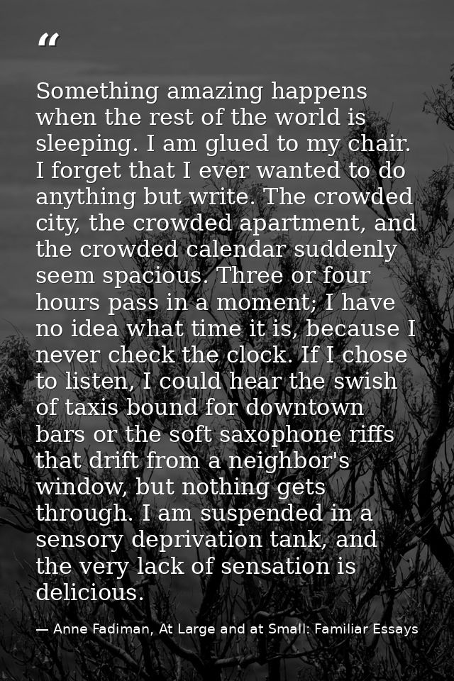 Something amazing happens when the rest of the world is sleeping. I am glued to my chair. I forget that I ever wanted to — Anne Fadiman, At Large and at Small: Familiar Essays