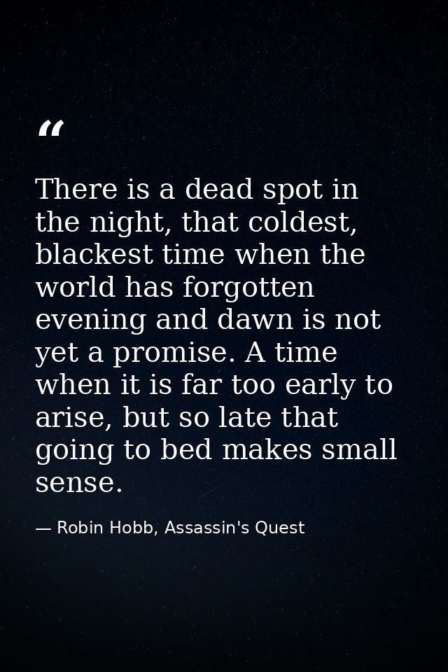There is a dead spot in the night, that coldest, blackest time when the world has forgotten evening and dawn is not yet  — Robin Hobb, Assassin's Quest