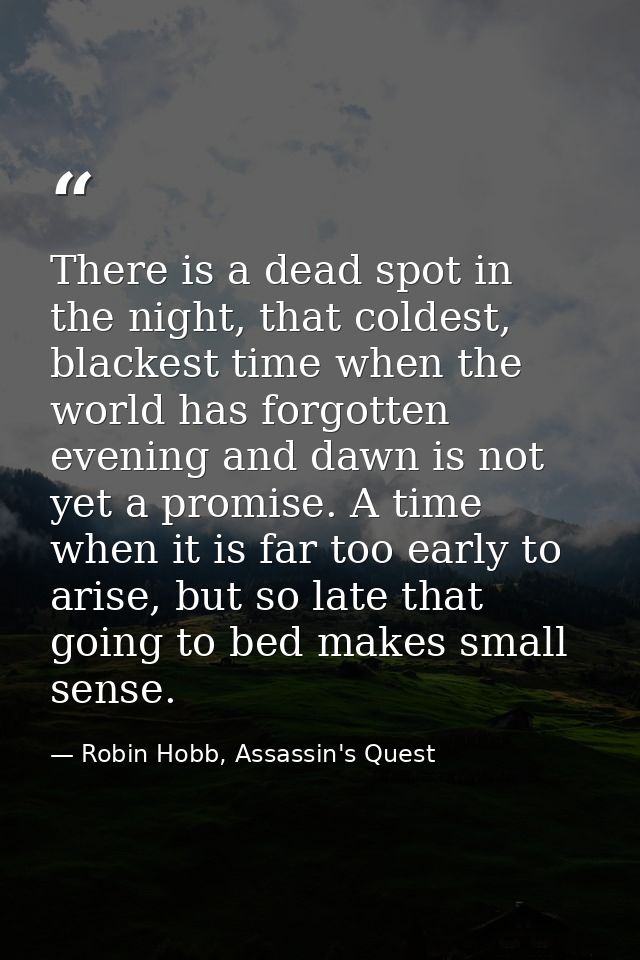 There is a dead spot in the night, that coldest, blackest time when the world has forgotten evening and dawn is not yet  — Robin Hobb, Assassin's Quest