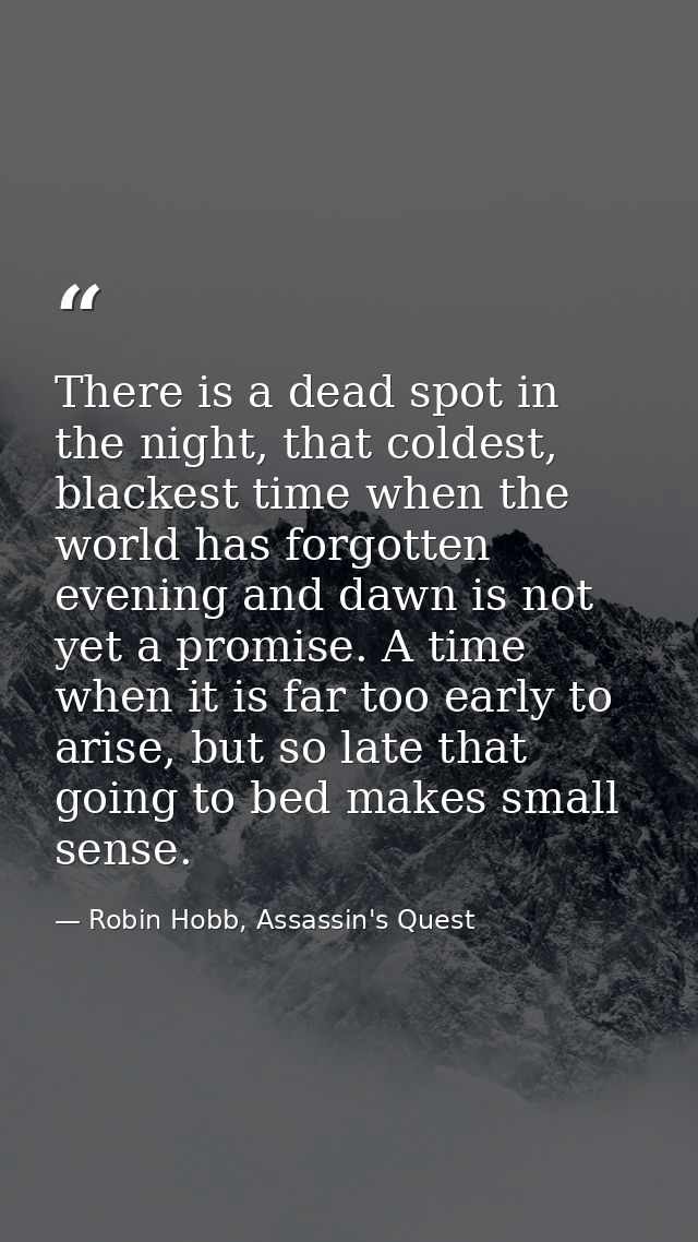 There is a dead spot in the night, that coldest, blackest time when the world has forgotten evening and dawn is not yet  — Robin Hobb, Assassin's Quest