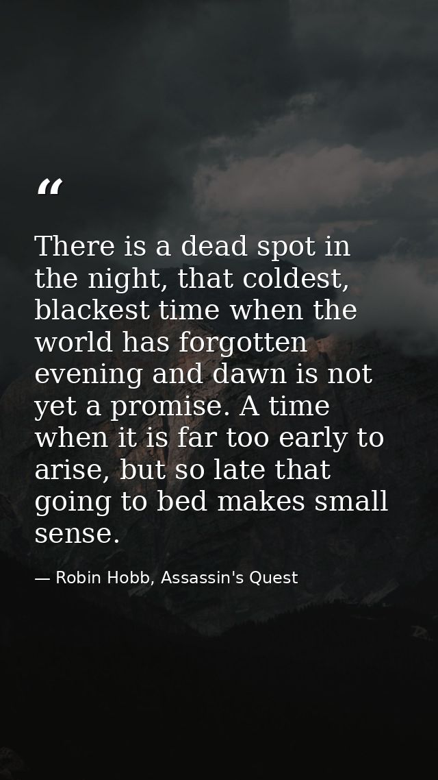 There is a dead spot in the night, that coldest, blackest time when the world has forgotten evening and dawn is not yet  — Robin Hobb, Assassin's Quest