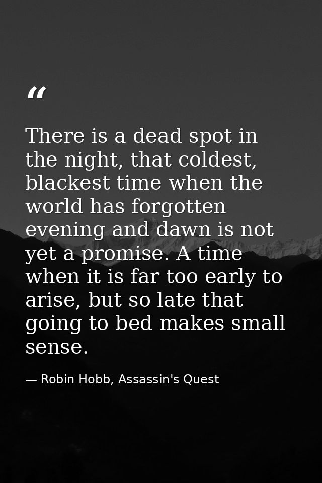 There is a dead spot in the night, that coldest, blackest time when the world has forgotten evening and dawn is not yet  — Robin Hobb, Assassin's Quest