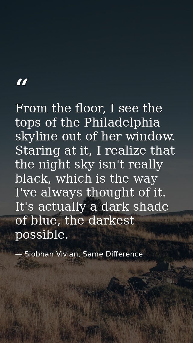 From the floor, I see the tops of the Philadelphia skyline out of her window. Staring at it, I realize that the night sk — Siobhan Vivian, Same Difference