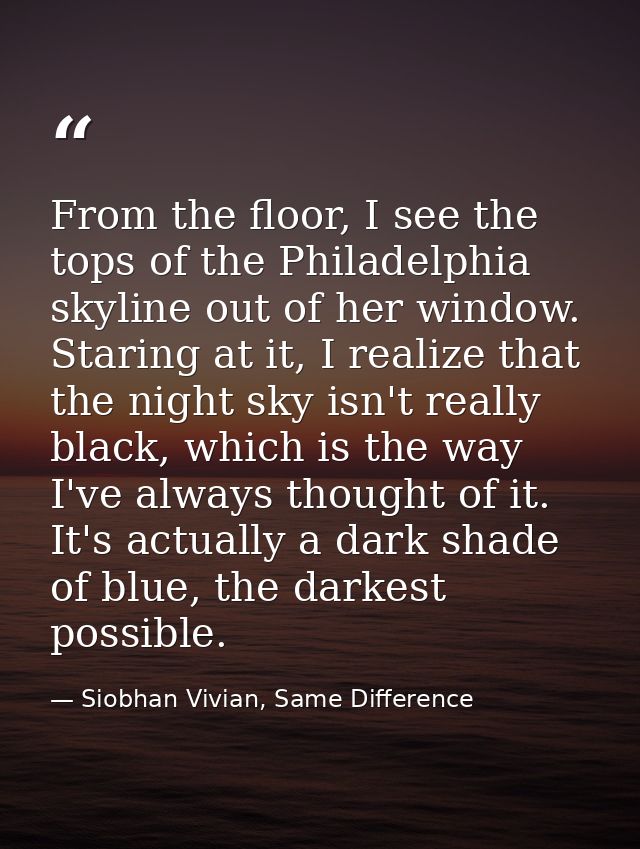 From the floor, I see the tops of the Philadelphia skyline out of her window. Staring at it, I realize that the night sk — Siobhan Vivian, Same Difference