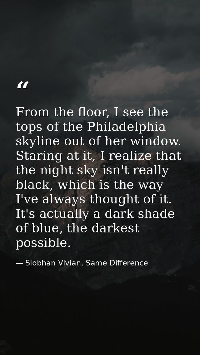 From the floor, I see the tops of the Philadelphia skyline out of her window. Staring at it, I realize that the night sk — Siobhan Vivian, Same Difference