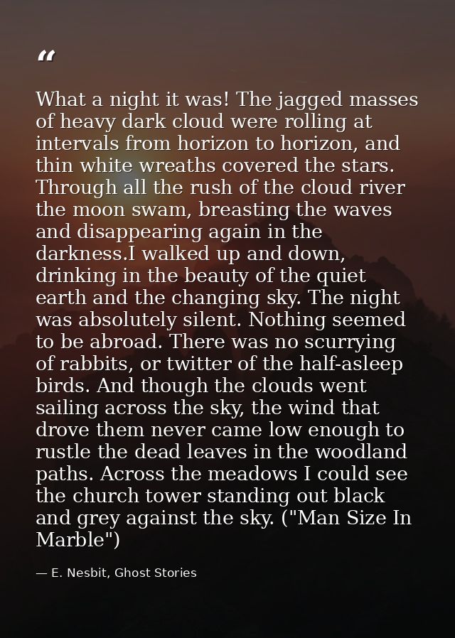 What a night it was! The jagged masses of heavy dark cloud were rolling at intervals from horizon to horizon, and thin w — E. Nesbit, Ghost Stories