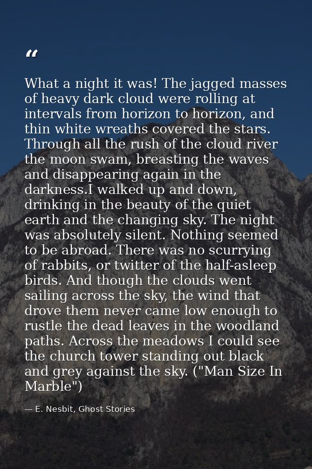 What a night it was! The jagged masses of heavy dark cloud were rolling at intervals from horizon to horizon, and thin w — E. Nesbit, Ghost Stories