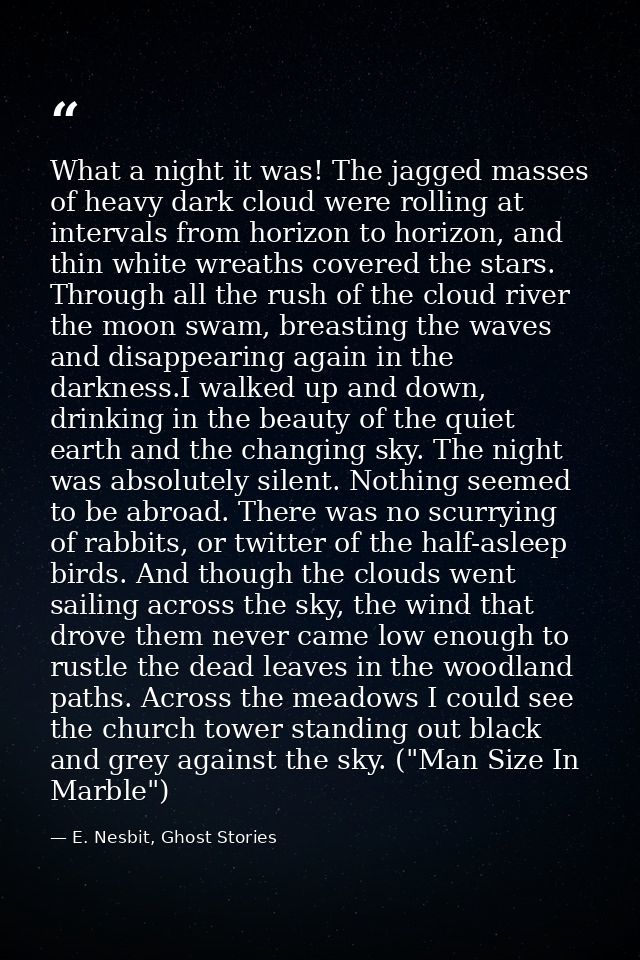 What a night it was! The jagged masses of heavy dark cloud were rolling at intervals from horizon to horizon, and thin w — E. Nesbit, Ghost Stories