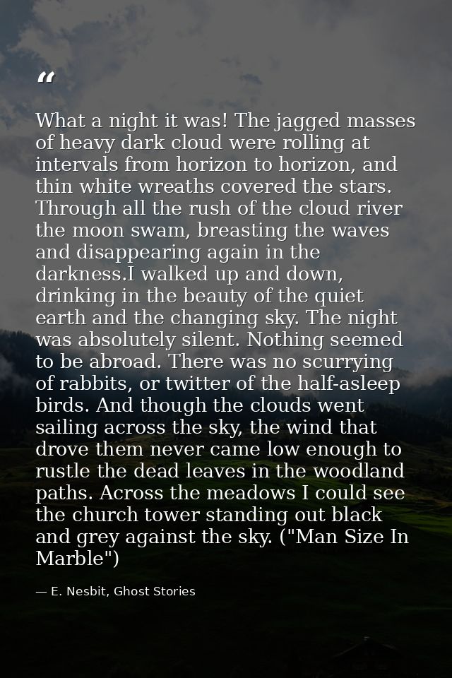 What a night it was! The jagged masses of heavy dark cloud were rolling at intervals from horizon to horizon, and thin w — E. Nesbit, Ghost Stories