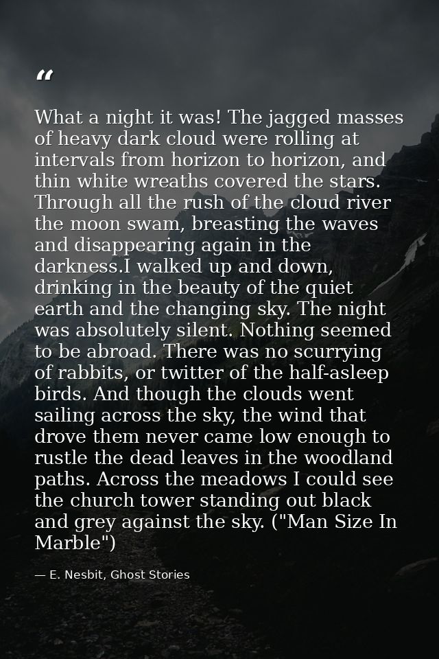 What a night it was! The jagged masses of heavy dark cloud were rolling at intervals from horizon to horizon, and thin w — E. Nesbit, Ghost Stories