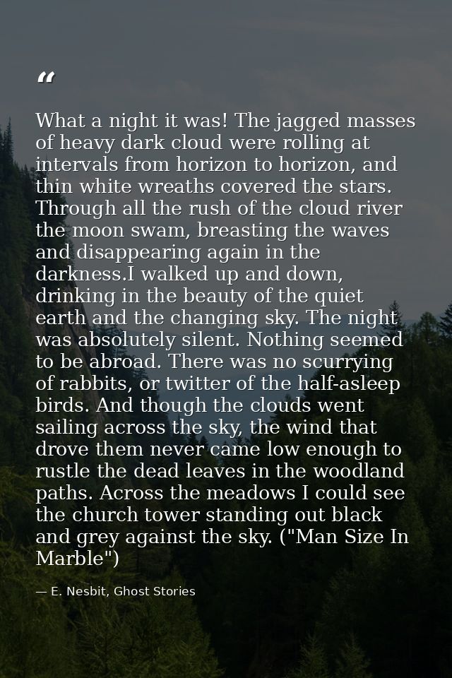 What a night it was! The jagged masses of heavy dark cloud were rolling at intervals from horizon to horizon, and thin w — E. Nesbit, Ghost Stories