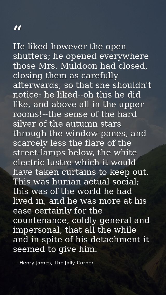 He liked however the open shutters; he opened everywhere those Mrs. Muldoon had closed, closing them as carefully afterw — Henry James, The Jolly Corner