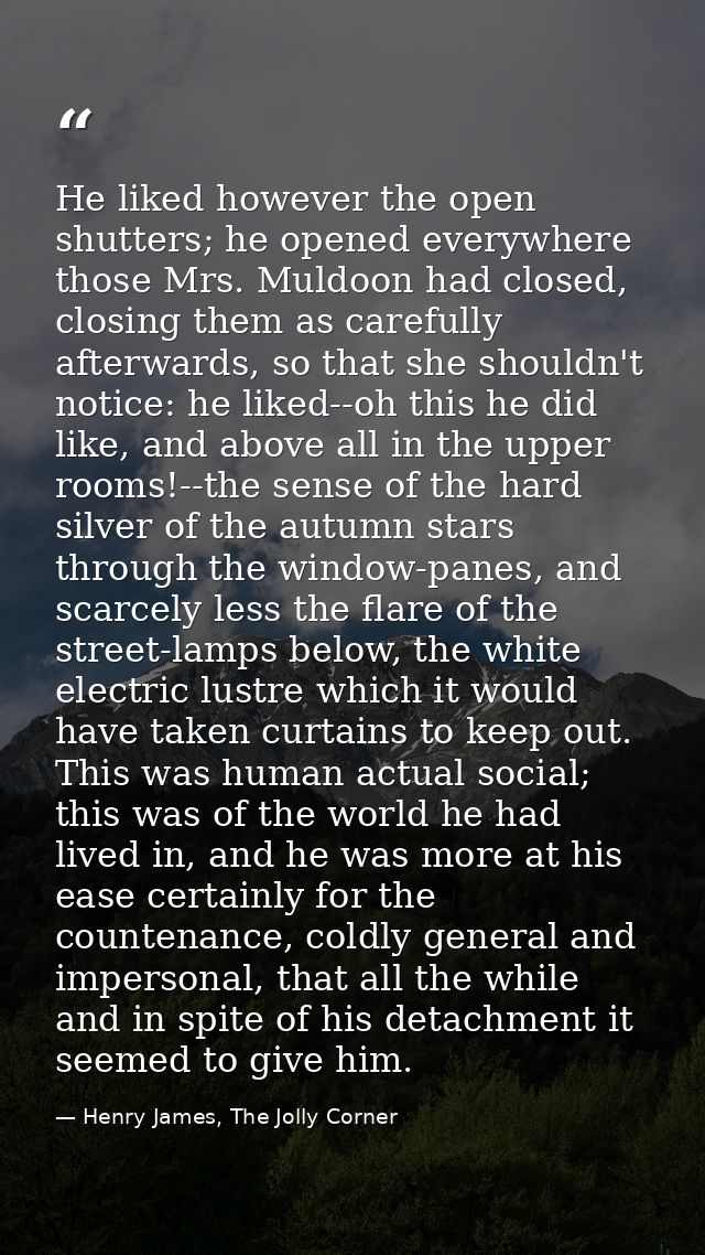 He liked however the open shutters; he opened everywhere those Mrs. Muldoon had closed, closing them as carefully afterw — Henry James, The Jolly Corner