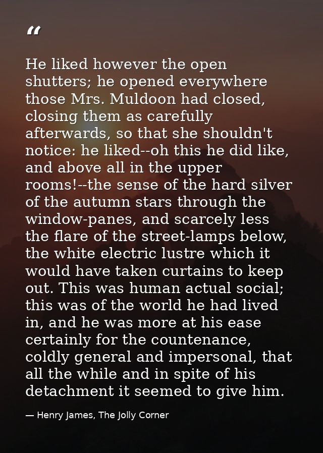 He liked however the open shutters; he opened everywhere those Mrs. Muldoon had closed, closing them as carefully afterw — Henry James, The Jolly Corner
