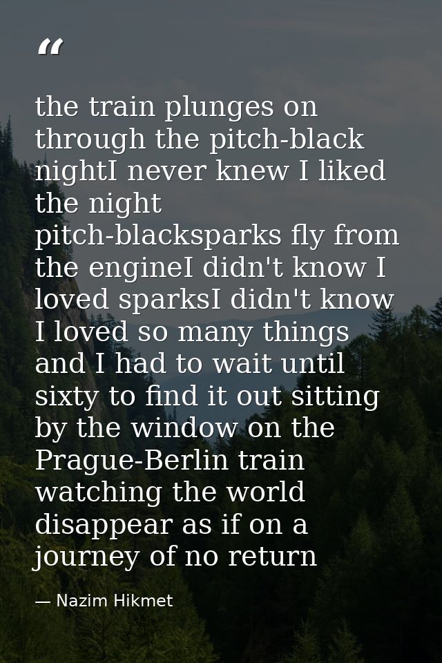 the train plunges on through the pitch-black nightI never knew I liked the night pitch-blacksparks fly from the engineI  — Nazim Hikmet