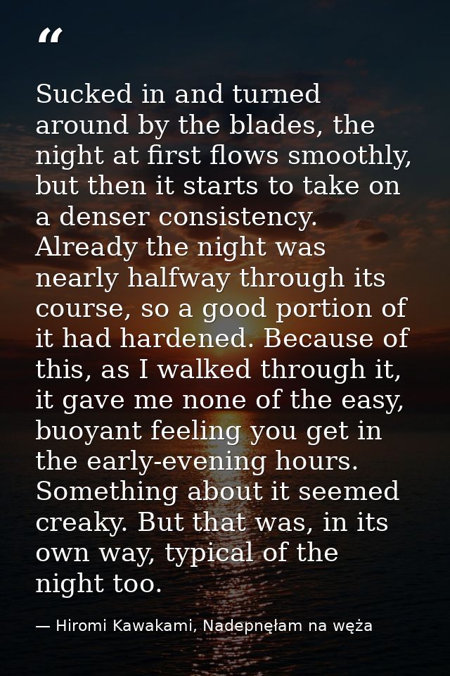 Sucked in and turned around by the blades, the night at first flows smoothly, but then it starts to take on a denser con — Hiromi Kawakami, Nadepnęłam na węża