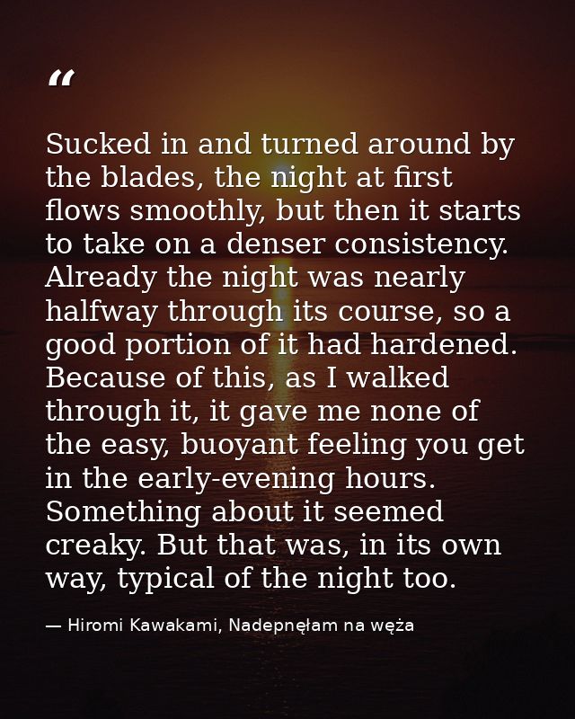 Sucked in and turned around by the blades, the night at first flows smoothly, but then it starts to take on a denser con — Hiromi Kawakami, Nadepnęłam na węża