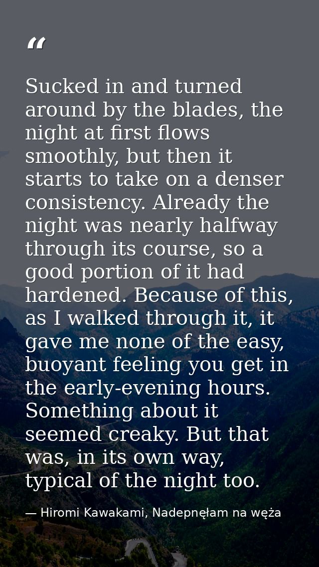 Sucked in and turned around by the blades, the night at first flows smoothly, but then it starts to take on a denser con — Hiromi Kawakami, Nadepnęłam na węża