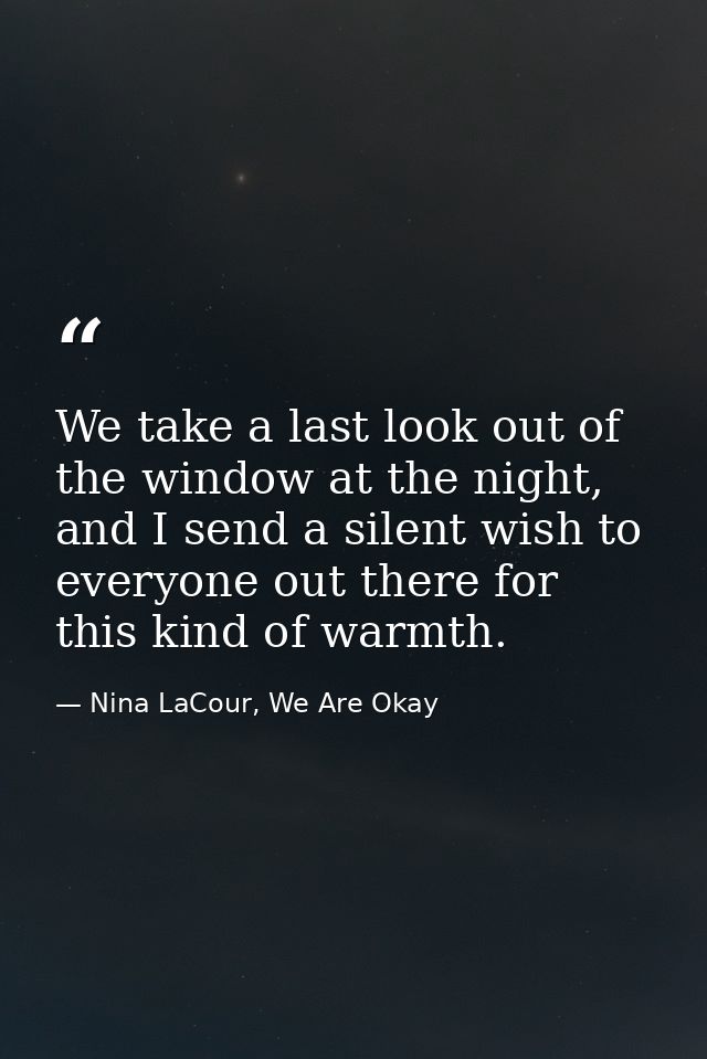 We take a last look out of the window at the night, and I send a silent wish to everyone out there for this kind of warm — Nina LaCour, We Are Okay