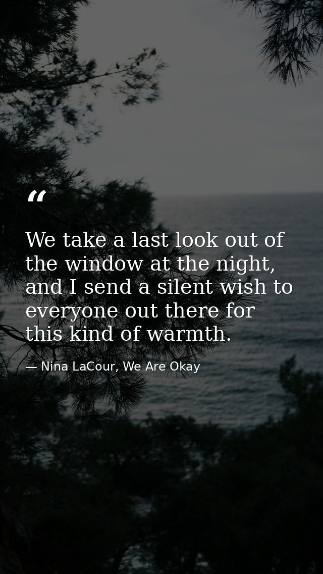 We take a last look out of the window at the night, and I send a silent wish to everyone out there for this kind of warm — Nina LaCour, We Are Okay