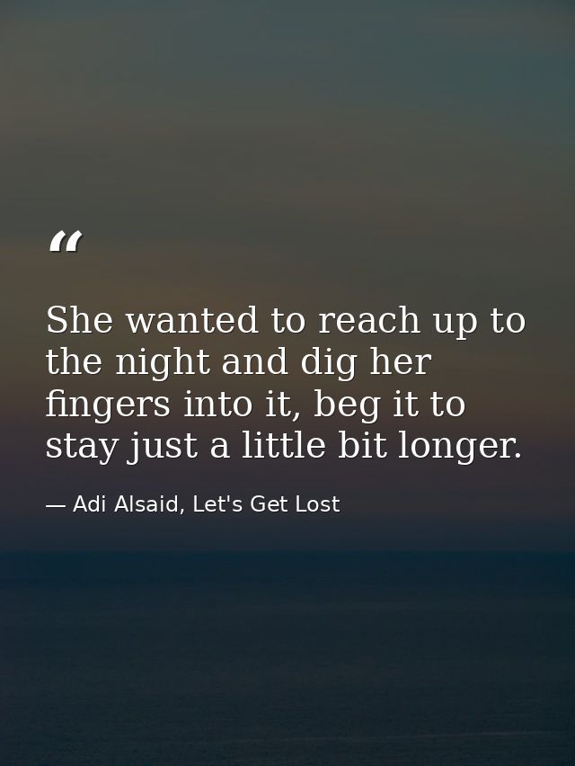 She wanted to reach up to the night and dig her fingers into it, beg it to stay just a little bit longer. — Adi Alsaid, Let's Get Lost