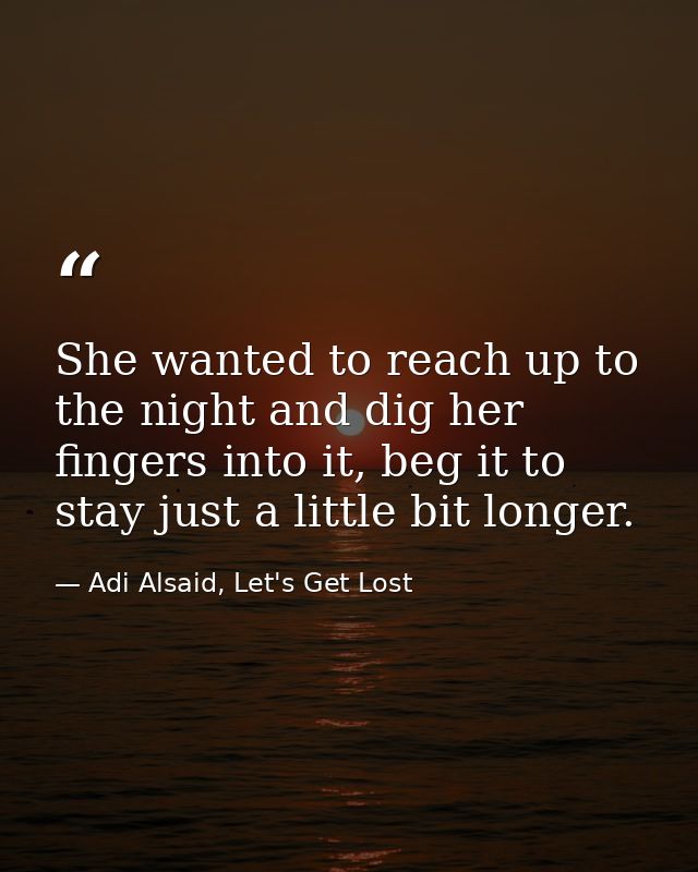 She wanted to reach up to the night and dig her fingers into it, beg it to stay just a little bit longer. — Adi Alsaid, Let's Get Lost