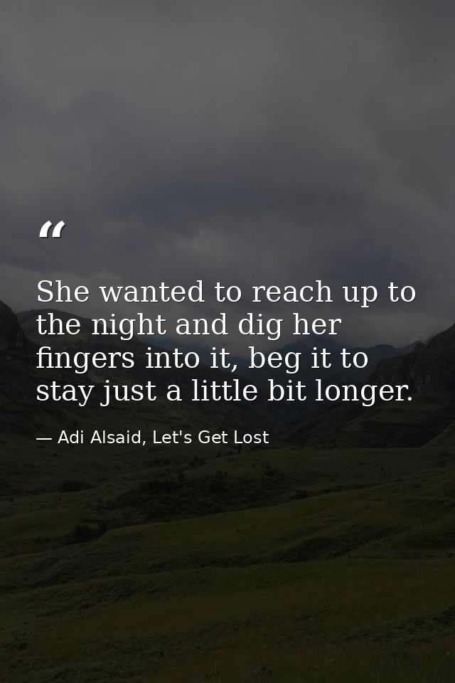 She wanted to reach up to the night and dig her fingers into it, beg it to stay just a little bit longer. — Adi Alsaid, Let's Get Lost