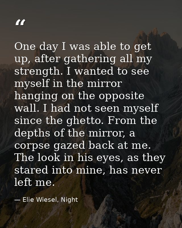 One day I was able to get up, after gathering all my strength. I wanted to see myself in the mirror hanging on the oppos — Elie Wiesel, Night
