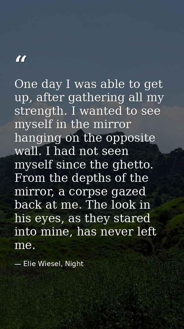 One day I was able to get up, after gathering all my strength. I wanted to see myself in the mirror hanging on the oppos — Elie Wiesel, Night