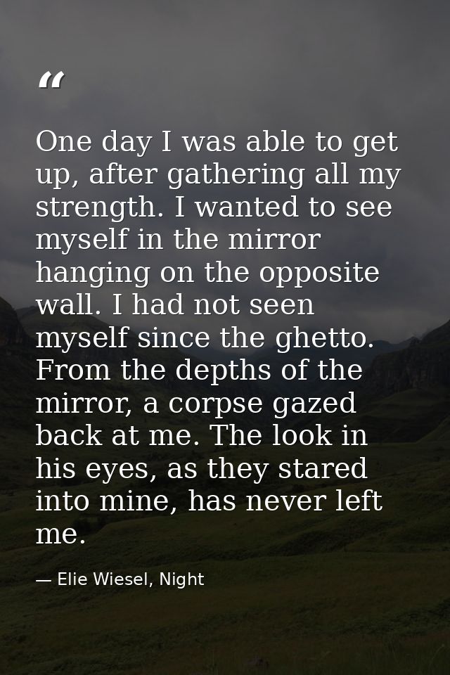 One day I was able to get up, after gathering all my strength. I wanted to see myself in the mirror hanging on the oppos — Elie Wiesel, Night