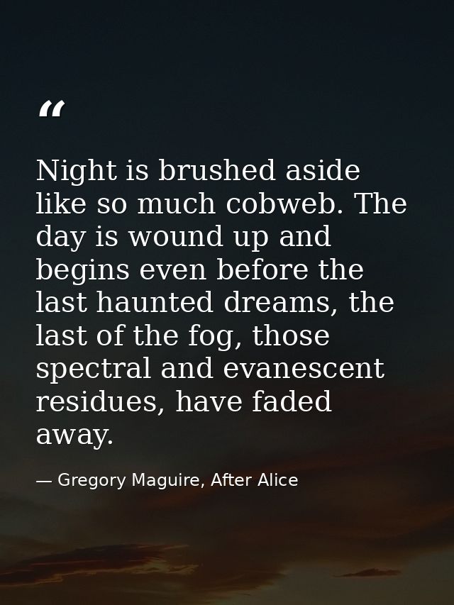 Night is brushed aside like so much cobweb. The day is wound up and begins even before the last haunted dreams, the last — Gregory Maguire, After Alice