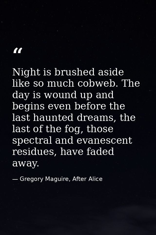 Night is brushed aside like so much cobweb. The day is wound up and begins even before the last haunted dreams, the last — Gregory Maguire, After Alice