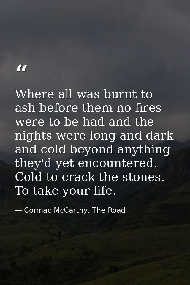 Where all was burnt to ash before them no fires were to be had and the nights were long and dark and cold beyond anythin — Cormac McCarthy, The Road