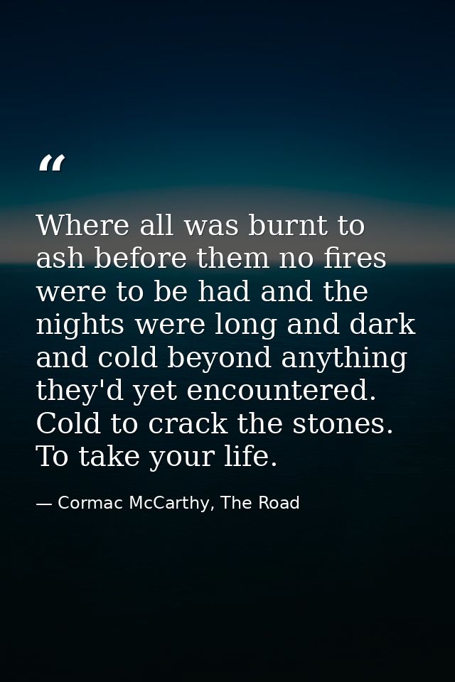 Where all was burnt to ash before them no fires were to be had and the nights were long and dark and cold beyond anythin — Cormac McCarthy, The Road