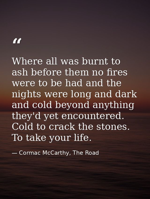 Where all was burnt to ash before them no fires were to be had and the nights were long and dark and cold beyond anythin — Cormac McCarthy, The Road