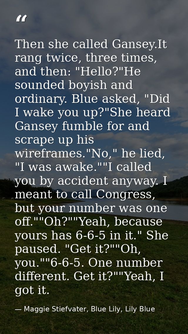 Then she called Gansey.It rang twice, three times, and then: "Hello?"He sounded boyish and ordinary. Blue asked, "Did I  — Maggie Stiefvater, Blue Lily, Lily Blue