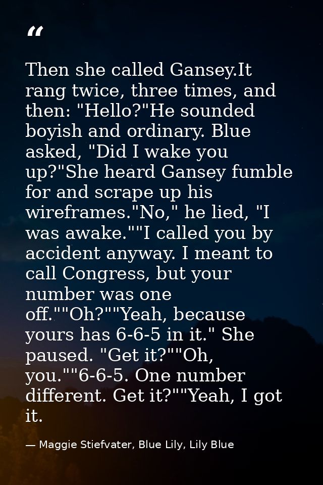 Then she called Gansey.It rang twice, three times, and then: "Hello?"He sounded boyish and ordinary. Blue asked, "Did I  — Maggie Stiefvater, Blue Lily, Lily Blue