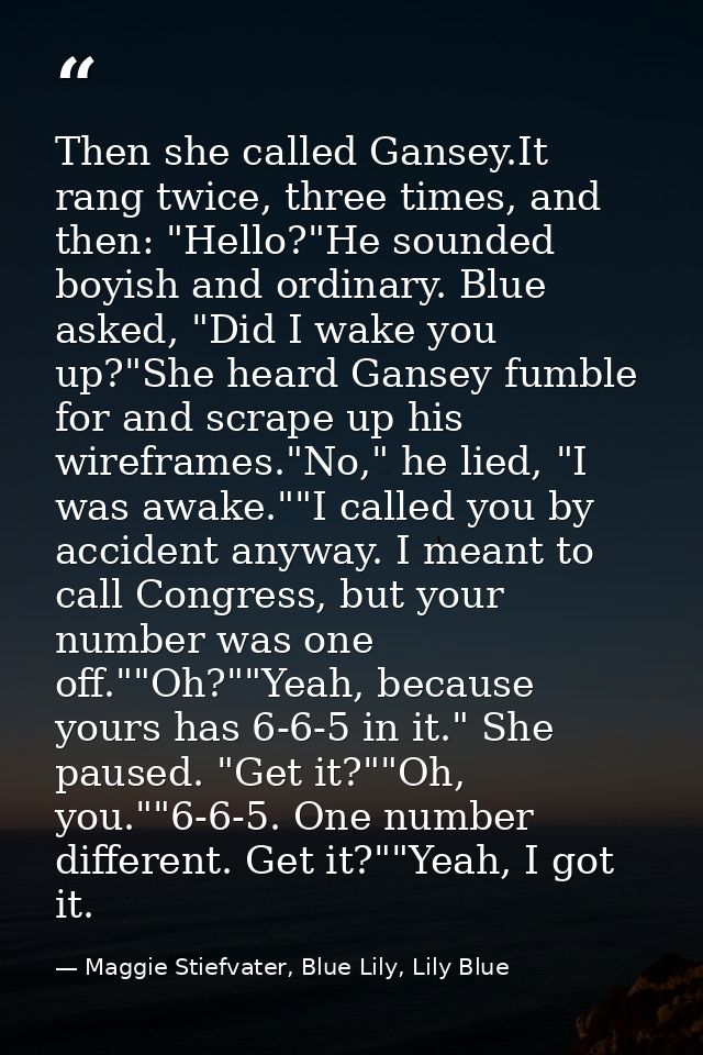Then she called Gansey.It rang twice, three times, and then: "Hello?"He sounded boyish and ordinary. Blue asked, "Did I  — Maggie Stiefvater, Blue Lily, Lily Blue