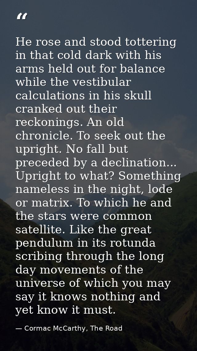 He rose and stood tottering in that cold dark with his arms held out for balance while the vestibular calculations in hi — Cormac McCarthy, The Road