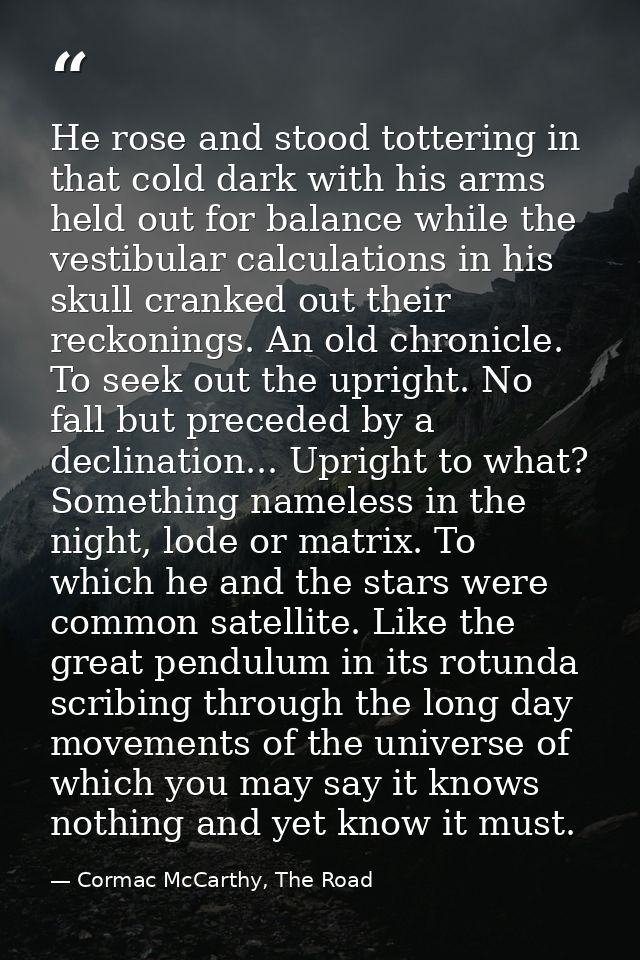 He rose and stood tottering in that cold dark with his arms held out for balance while the vestibular calculations in hi — Cormac McCarthy, The Road