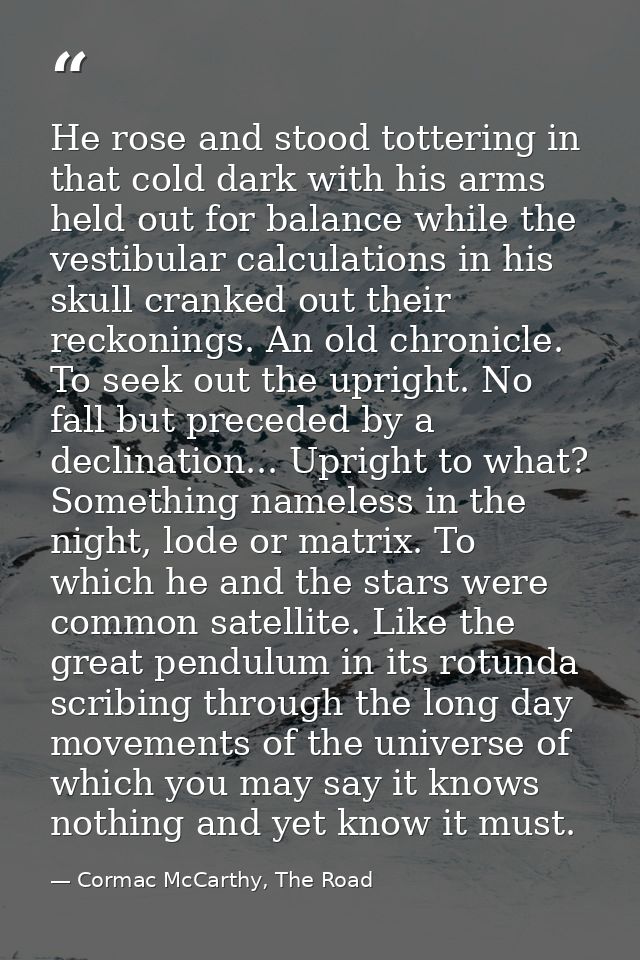 He rose and stood tottering in that cold dark with his arms held out for balance while the vestibular calculations in hi — Cormac McCarthy, The Road