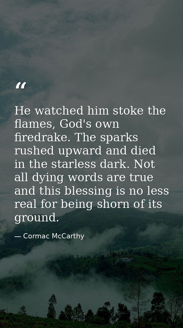 He watched him stoke the flames, God's own firedrake. The sparks rushed upward and died in the starless dark. Not all dy — Cormac McCarthy