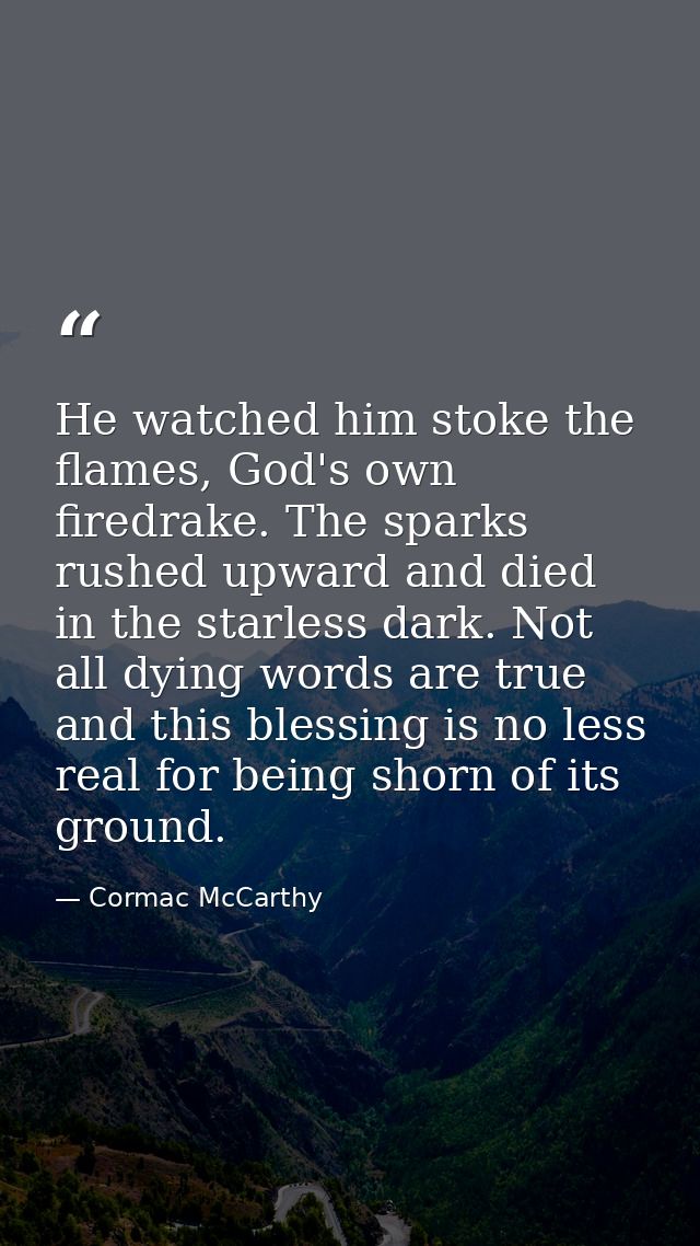 He watched him stoke the flames, God's own firedrake. The sparks rushed upward and died in the starless dark. Not all dy — Cormac McCarthy