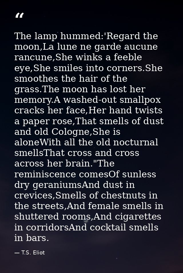 The lamp hummed:'Regard the moon,La lune ne garde aucune rancune,She winks a feeble eye,She smiles into corners.She smoo — T.S. Eliot