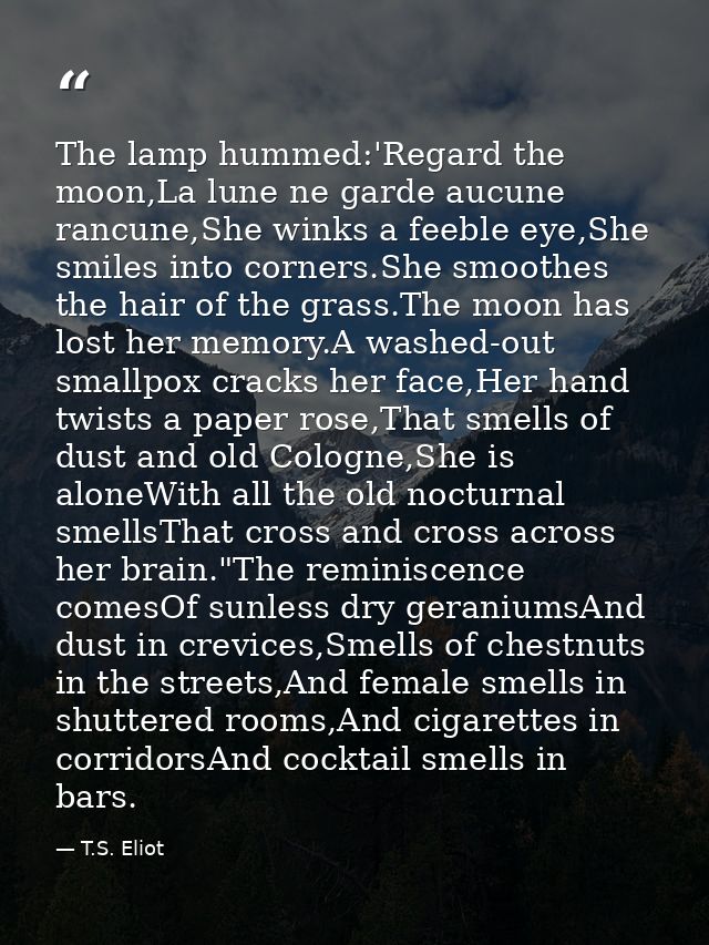 The lamp hummed:'Regard the moon,La lune ne garde aucune rancune,She winks a feeble eye,She smiles into corners.She smoo — T.S. Eliot