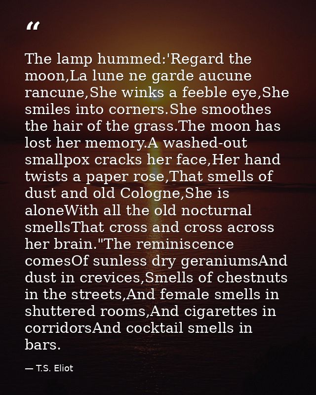 The lamp hummed:'Regard the moon,La lune ne garde aucune rancune,She winks a feeble eye,She smiles into corners.She smoo — T.S. Eliot