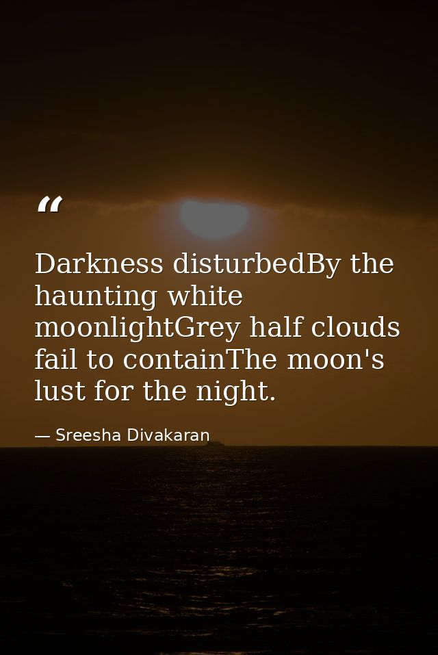 Darkness disturbedBy the haunting white moonlightGrey half clouds fail to containThe moon's lust for the night. — Sreesha Divakaran