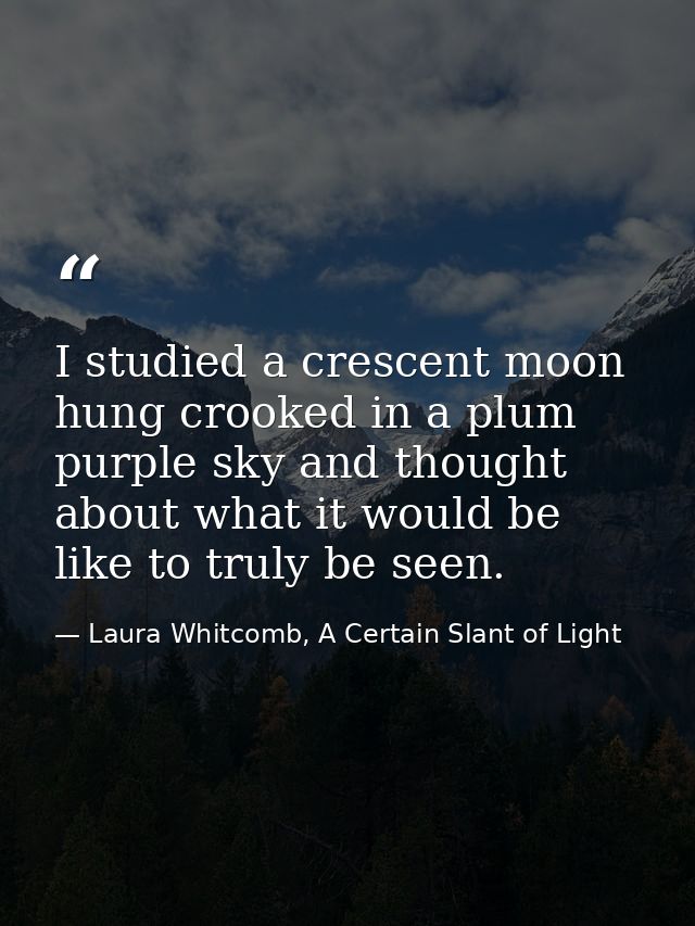 I studied a crescent moon hung crooked in a plum purple sky and thought about what it would be like to truly be seen. — Laura Whitcomb, A Certain Slant of Light