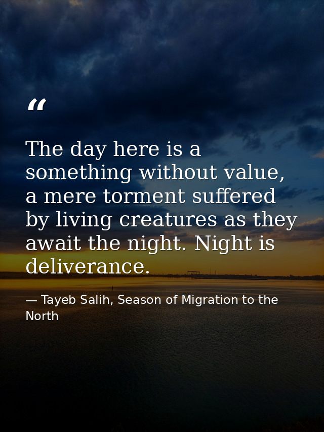 The day here is a something without value, a mere torment suffered by living creatures as they await the night. Night is — Tayeb Salih, Season of Migration to the North