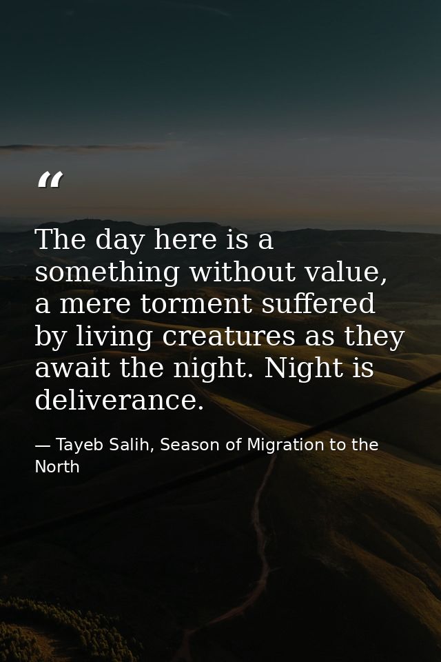 The day here is a something without value, a mere torment suffered by living creatures as they await the night. Night is — Tayeb Salih, Season of Migration to the North